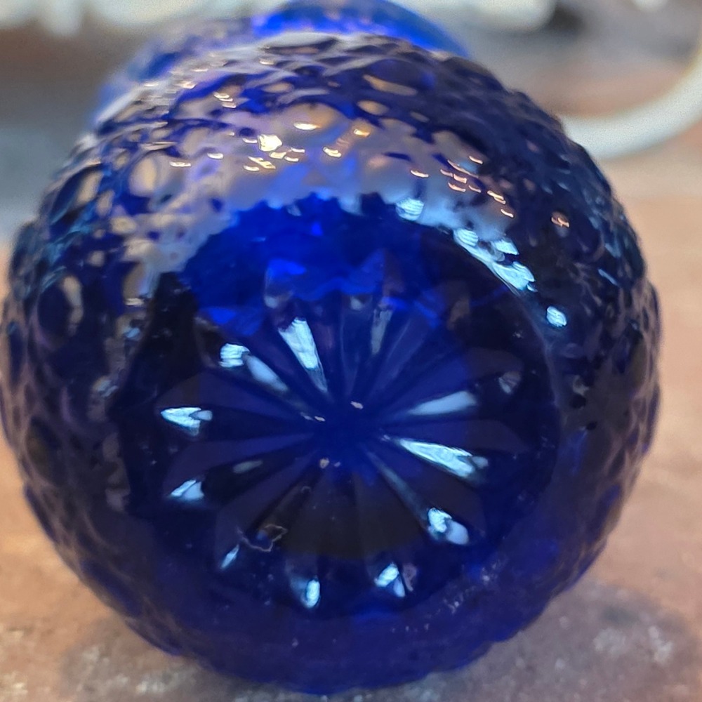 Vtg Mosser Cobalt Blue Glass Toothpick Holder Daisy & Button Scalloped Mini Vase - Picture 5 of 6